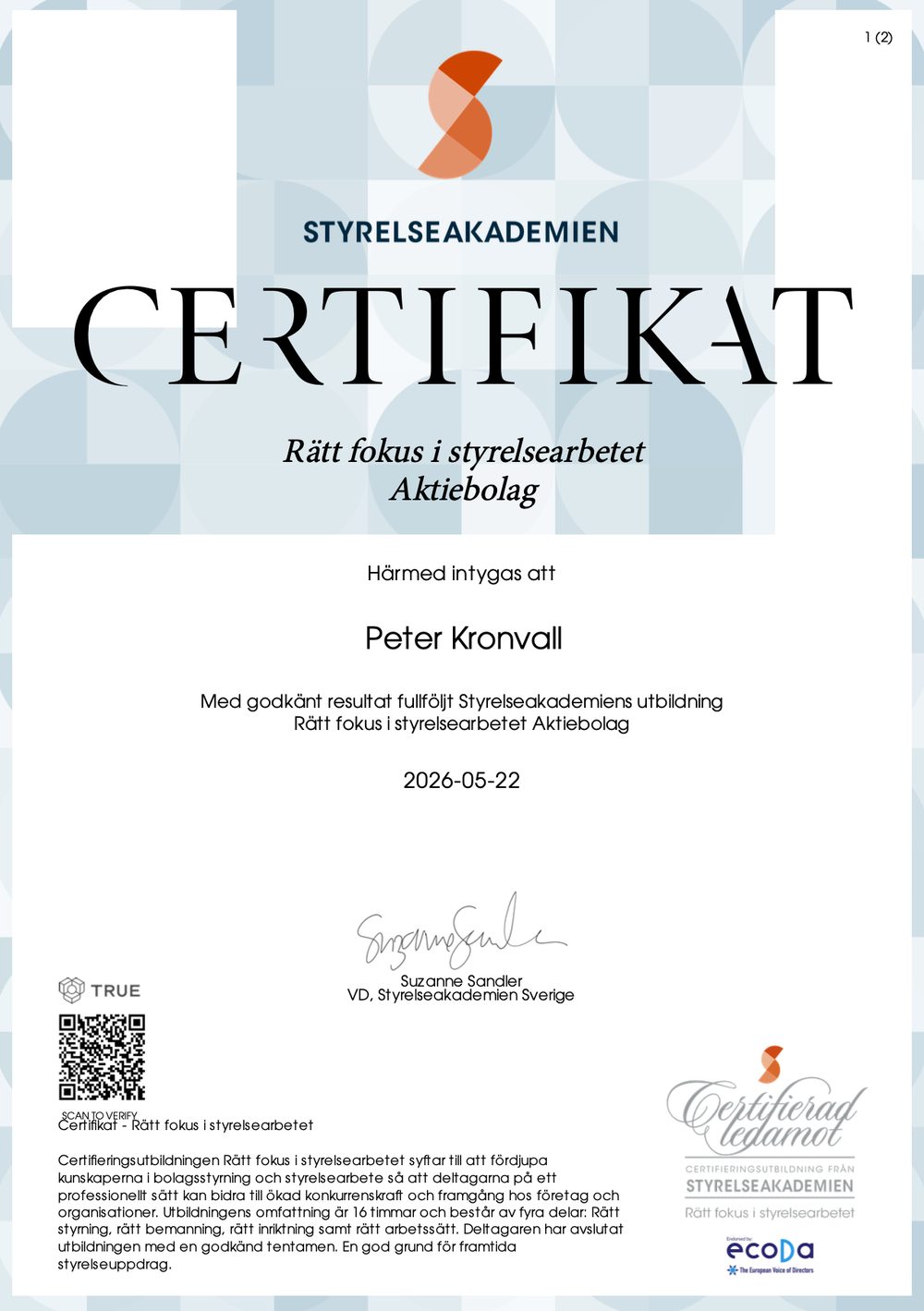Styrelsecertifikat, Styrelseakademien